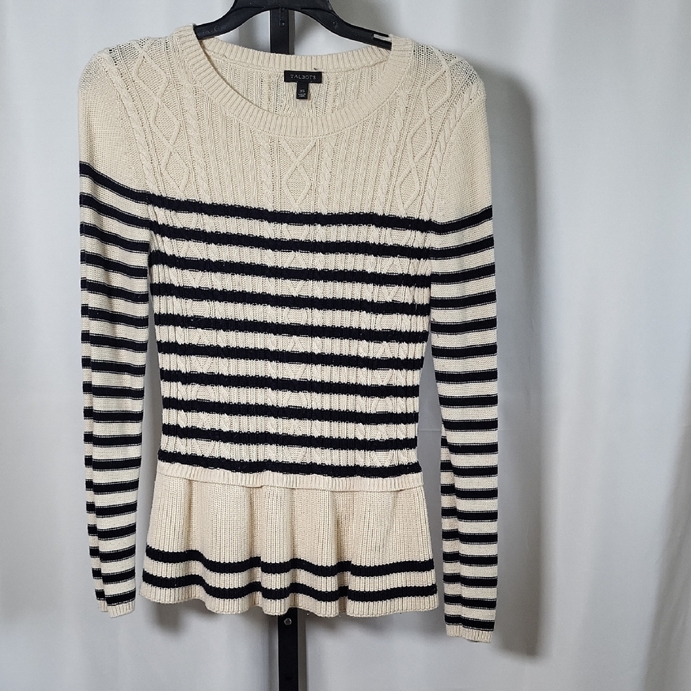 Talbots Black and Cream Striped Peplum Cable Knit Sweater - SZ XS‎